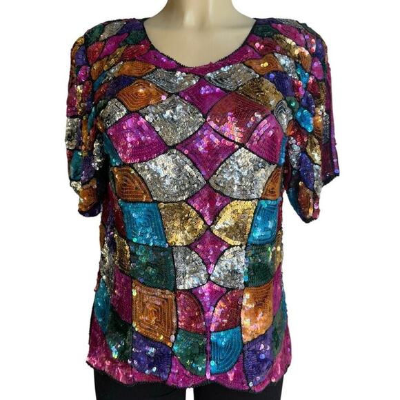 Jean for Joseph Le Bon Tops - Vintage Jean Joseph Le Bon Sparkly Sequin Beaded Silk Patchwork Top Sz M Padded